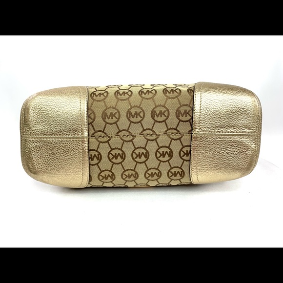 Michael Kors Millwork Tan Brown Canvas Signature Large Shoulder Bag Gold Leather - Picture 5 of 11